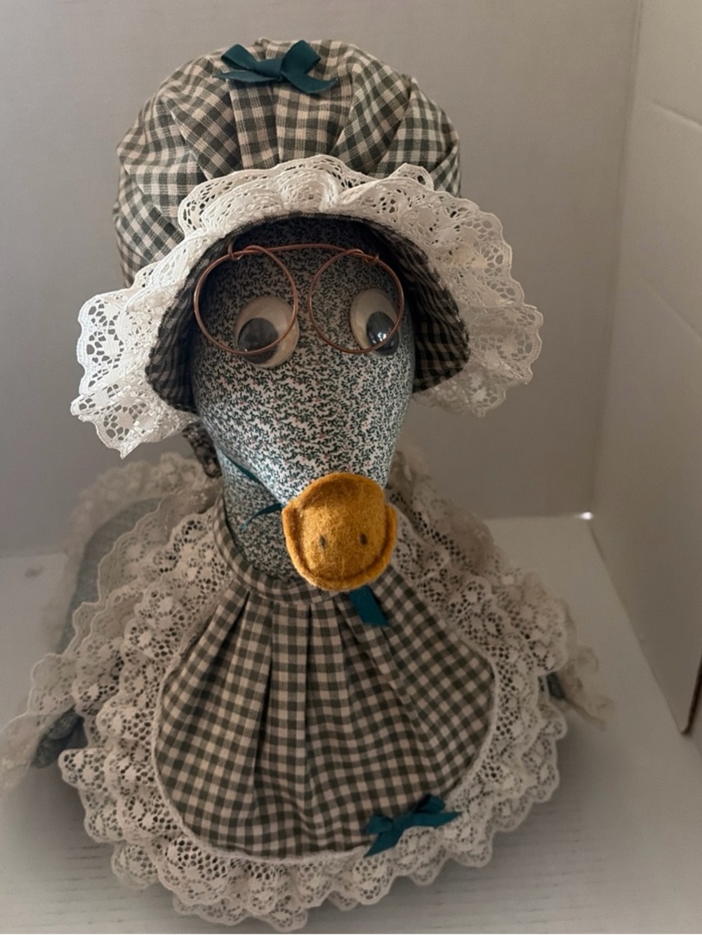 Handmade Fabric Bird Toy in Green Gingham with Yellow Beak